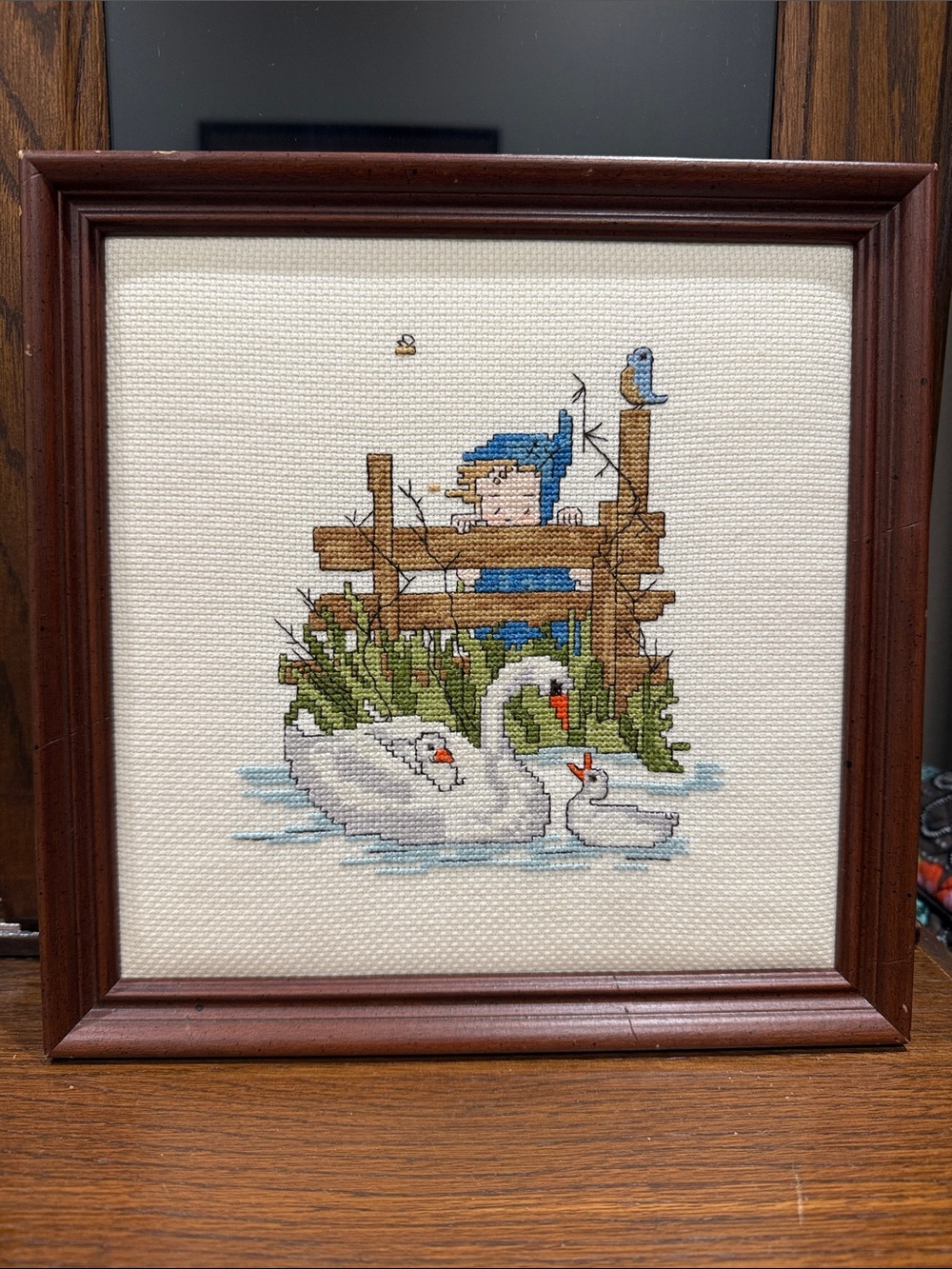 Handcrafted Cross-Stitch Swan Scene Wall Art - Blue & White